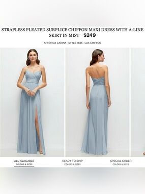 After Six Strapless Pleated Chiffon Maxi Dress in Mist Blue